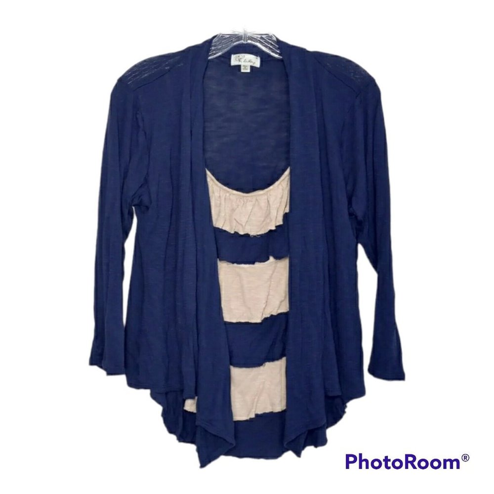 Le Rouge Blouse Ruffle Plus Women's XL Navy Tan